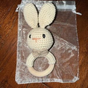 New Handmade Crochet White Bunny Rattle With Bamboo Handle